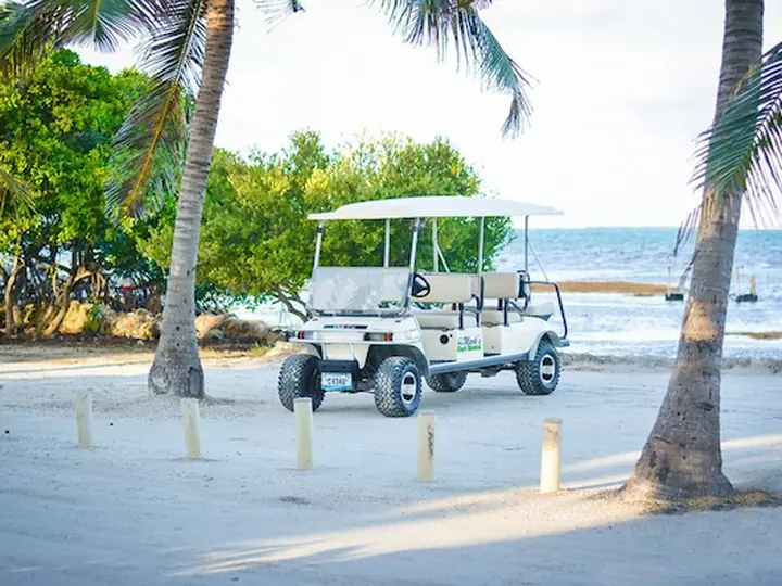 Golf cart being serviced between rentals in San Pedro Belize