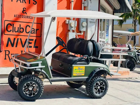 Four seater and six seater rental carts side by side in Belize